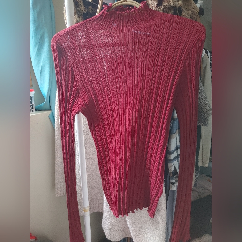 Red Ribbed Long Sleeve Top